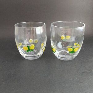 Pair Hand Blown Art Glass Tumbler Glasses Votives Fused Yellow Green Butterflies
